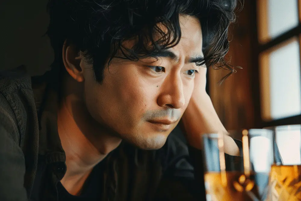 man staring into distance with beer on table, reflecting on alcohol use