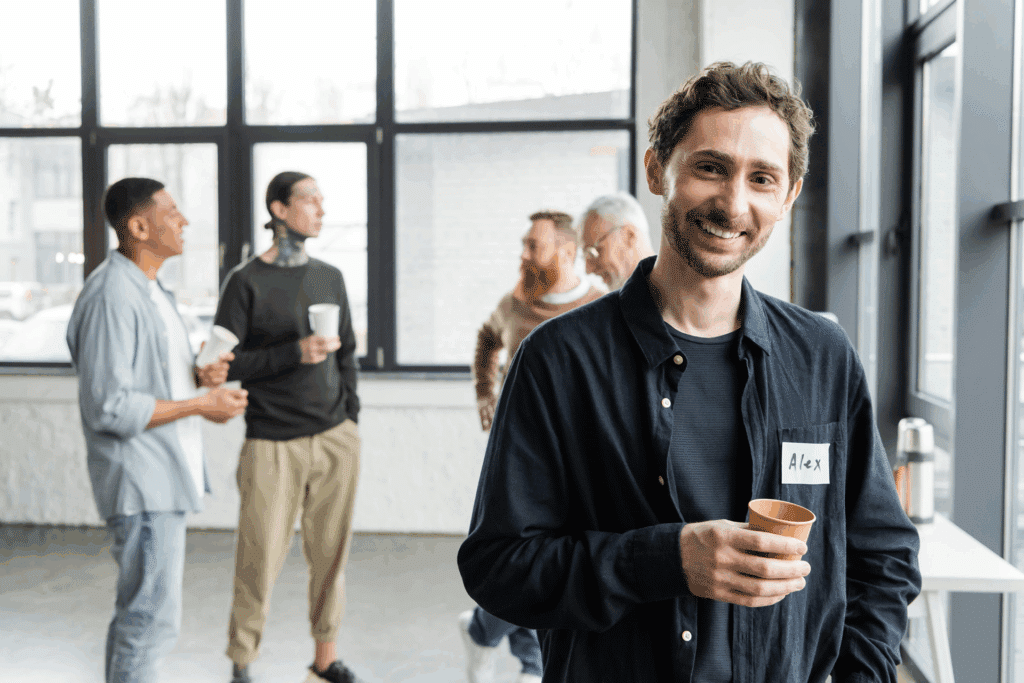 group of men with coffee discussing topics in addiction therapy