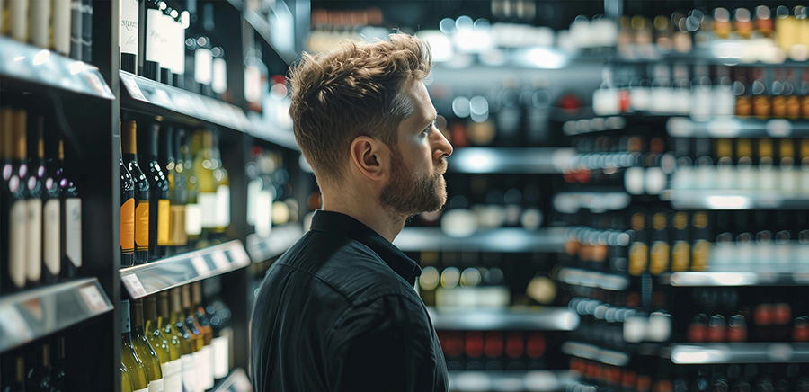 man in alcohol aisle struggling with alcohol addiction cravings